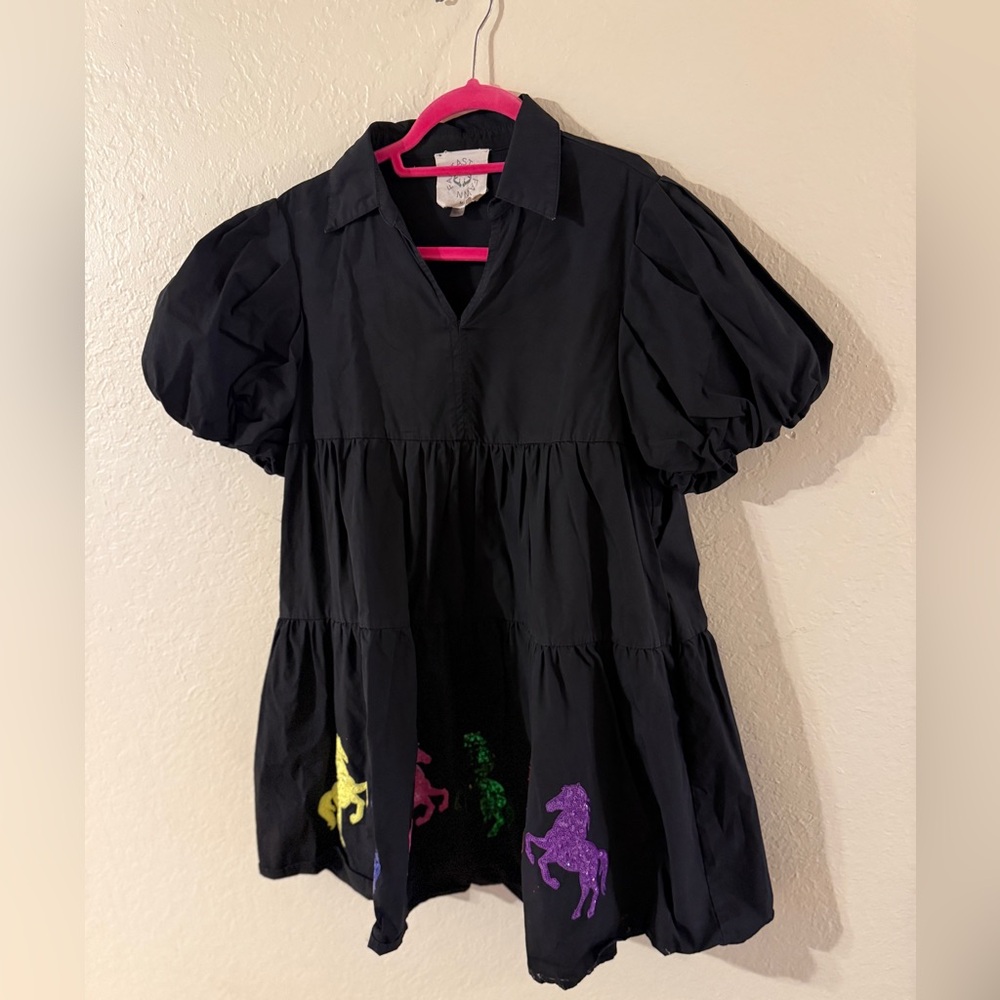 Fantastic Fawn Black Puff Sleeve Dress with Colorful Horse Accents